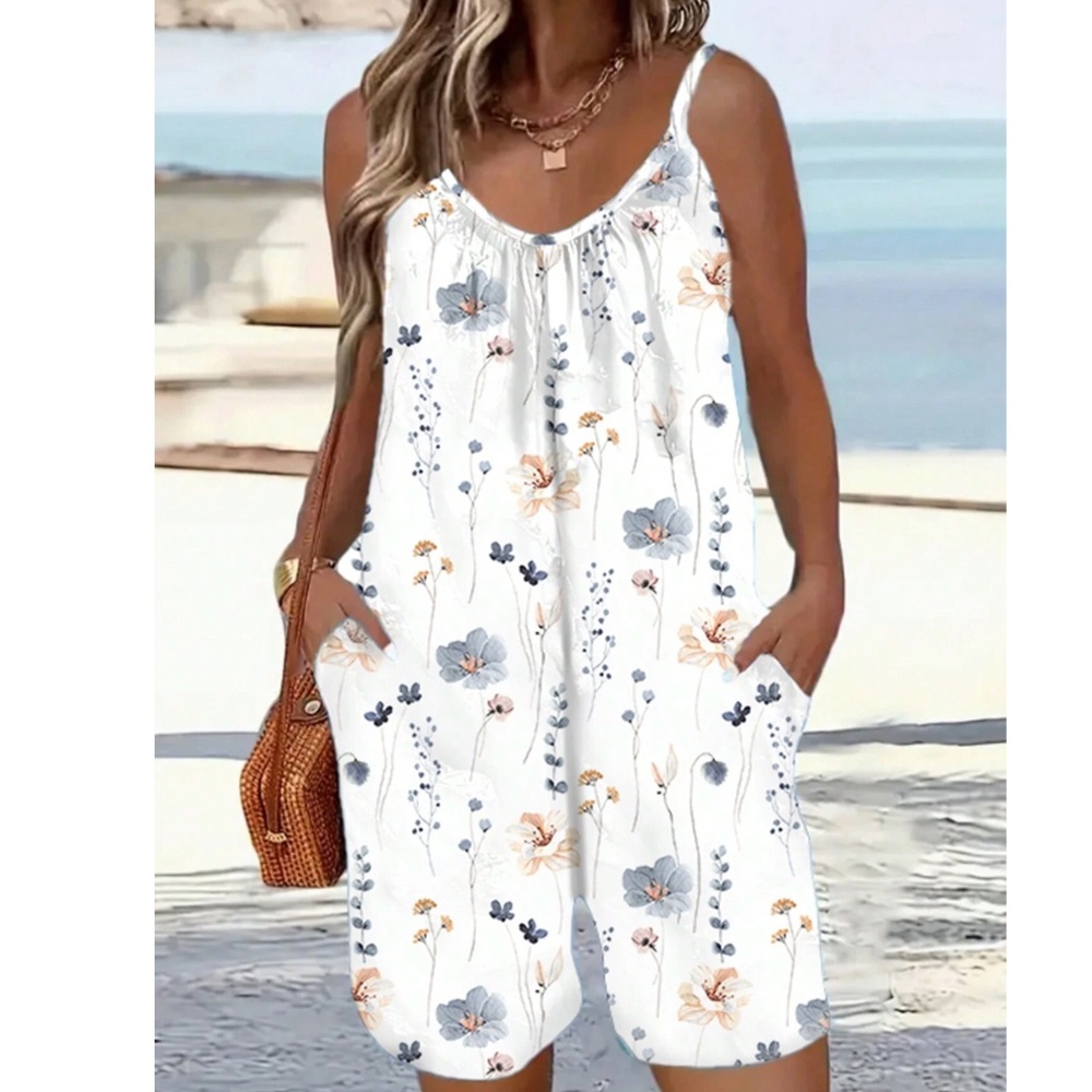 Floral Print Pockets Wide leg Romper